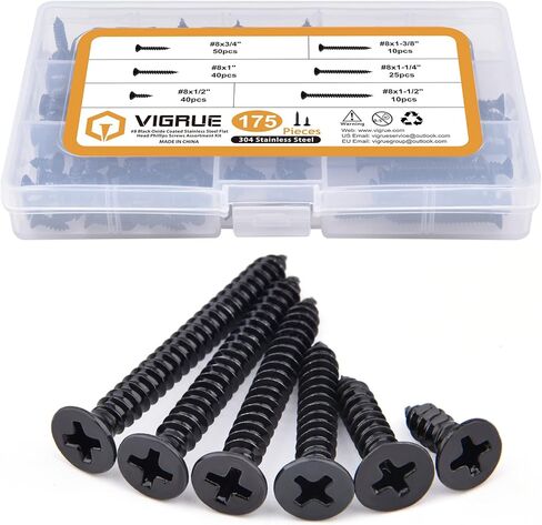 VIGRUE 310 قطعة #6 1/2 بوصة إلى 1 بوصة #8 1/2 بوصة إلى 1-1/2 بوصة براغي خشبية مطلية بأكسيد أسود من الفولاذ المقاوم للصدأ برأس مسطح من فيليبس مجموعة متنوعة من براغي الحوائط الجافة، طقم براغي ذاتية التنصت في 8 الأحجام in Kuwait