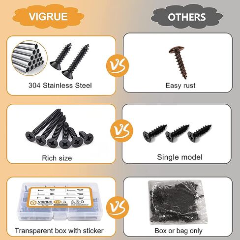 VIGRUE 310 قطعة #6 1/2 بوصة إلى 1 بوصة #8 1/2 بوصة إلى 1-1/2 بوصة براغي خشبية مطلية بأكسيد أسود من الفولاذ المقاوم للصدأ برأس مسطح من فيليبس مجموعة متنوعة من براغي الحوائط الجافة، طقم براغي ذاتية التنصت في 8 الأحجام in Kuwait