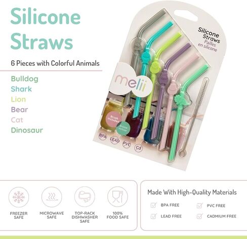 melii Reusable Silicone Animal Straws for Toddlers & Kids with Cleaning Brush – BPA Free, Dishwasher & Microwave Safe (6 Straws) in Saudi Arabia