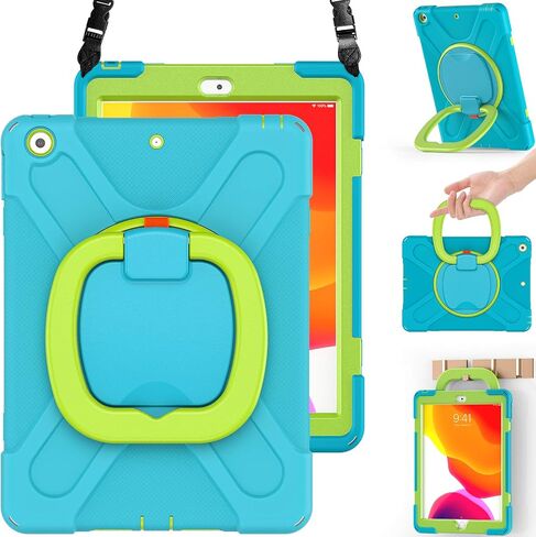 BRAECN iPad 9/8/7 Case,Shockproof Protective Boys Girls Silicone Case with Screen Protector Pencil Holder Pencil Cap Holder Shoulder Strap Handle Grip Stand for iPad 10.2 Inch 9th/8th/7th Gen-Sky Blue in Saudi Arabia