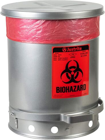 Justrite 05934 SoundGuard Steel Biohazard Waste Container with Foot Operated Cover, 10 Gallon Capacity, 13-15/16" OD x 18-1/4" Height, Silver in Saudi Arabia