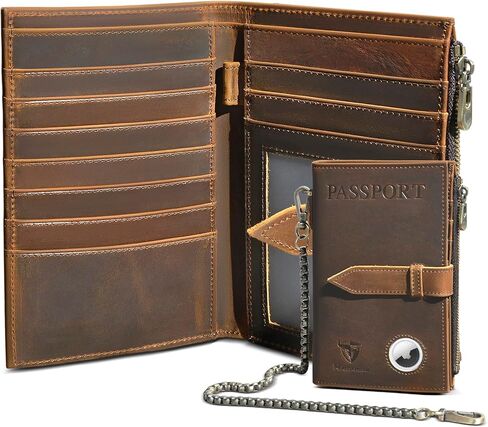 Handadsume سميكة كريزي هورس جلدية وظيفية RFID حجب حامل جواز السفر محفظة سفر ثنائية الطي سلسلة أمان للرجال الذكور 2801 (2802 بني) in Kuwait