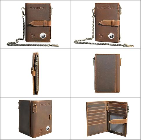 Handadsume سميكة كريزي هورس جلدية وظيفية RFID حجب حامل جواز السفر محفظة سفر ثنائية الطي سلسلة أمان للرجال الذكور 2801 (2802 بني) in Kuwait