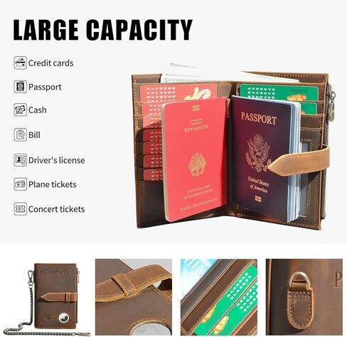 Handadsume سميكة كريزي هورس جلدية وظيفية RFID حجب حامل جواز السفر محفظة سفر ثنائية الطي سلسلة أمان للرجال الذكور 2801 (2802 بني) in Kuwait