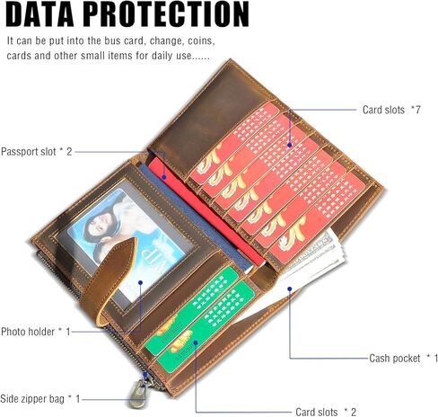 Handadsume سميكة كريزي هورس جلدية وظيفية RFID حجب حامل جواز السفر محفظة سفر ثنائية الطي سلسلة أمان للرجال الذكور 2801 (2802 بني) in Kuwait