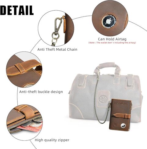 Handadsume سميكة كريزي هورس جلدية وظيفية RFID حجب حامل جواز السفر محفظة سفر ثنائية الطي سلسلة أمان للرجال الذكور 2801 (2802 بني) in Kuwait