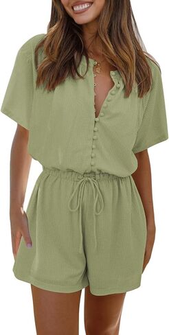 Fixmatti Women Summer Rompers Short Sleeve Button Up One Piece Casual Shorts Jumpsuits in Kuwait