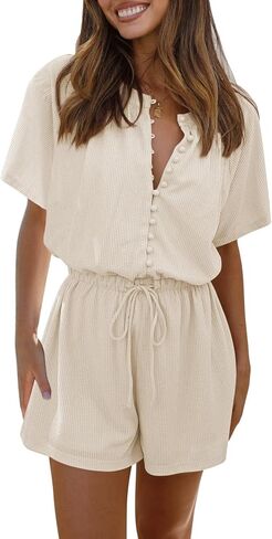 Fixmatti Women Summer Rompers Short Sleeve Button Up One Piece Casual Shorts Jumpsuits in Kuwait