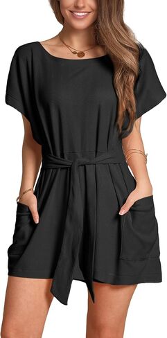 DIRASS Summer Crewneck Waffle Knit Casual Tie Waist Short Sleeve One Piece Rompers Outfits with Pockets 2024 in Saudi Arabia
