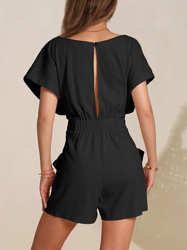 DIRASS Summer Crewneck Waffle Knit Casual Tie Waist Short Sleeve One Piece Rompers Outfits with Pockets 2024 in Saudi Arabia