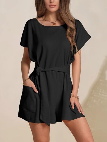 DIRASS Summer Crewneck Waffle Knit Casual Tie Waist Short Sleeve One Piece Rompers Outfits with Pockets 2024 in Saudi Arabia