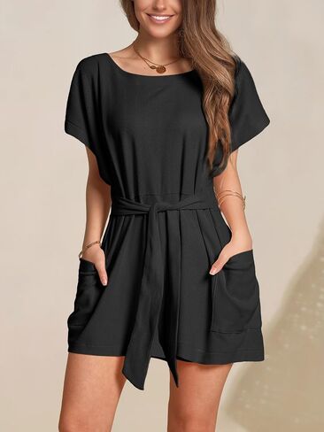 DIRASS Summer Crewneck Waffle Knit Casual Tie Waist Short Sleeve One Piece Rompers Outfits with Pockets 2024 in Saudi Arabia