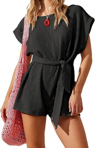 DIRASS Summer Crewneck Waffle Knit Casual Tie Waist Short Sleeve One Piece Rompers Outfits with Pockets 2024 in Saudi Arabia