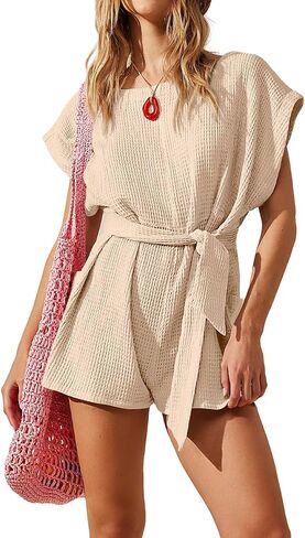 DIRASS Summer Crewneck Waffle Knit Casual Tie Waist Short Sleeve One Piece Rompers Outfits with Pockets 2024 in Saudi Arabia