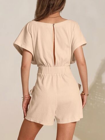 DIRASS Summer Crewneck Waffle Knit Casual Tie Waist Short Sleeve One Piece Rompers Outfits with Pockets 2024 in Saudi Arabia