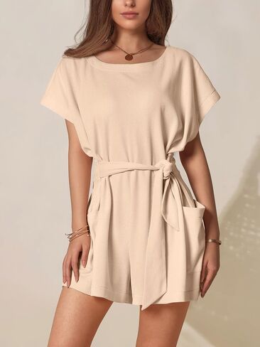 DIRASS Summer Crewneck Waffle Knit Casual Tie Waist Short Sleeve One Piece Rompers Outfits with Pockets 2024 in Saudi Arabia
