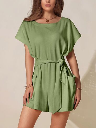 DIRASS الصيف Crewneck الهراء متماسكة عادية التعادل الخصر قصيرة الأكمام قطعة واحدة السروال القصير وتتسابق مع جيوب 2024 in Saudi Arabia