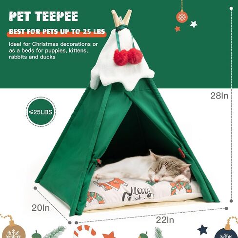 COPAW Pet Teepee، خيام الحيوانات الأليفة المحمولة مقاس 24 بوصة للكلاب الصغيرة أو القطط سرير دافئ لطيف، منازل داخلية للكلاب أو القطط قابلة للغسل مع وسادة هدايا عيد الميلاد للجرو in Kuwait