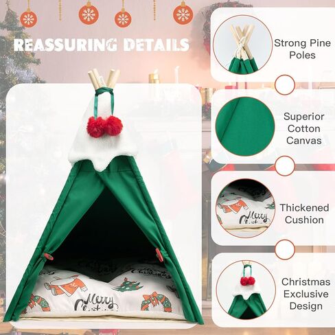 COPAW Pet Teepee، خيام الحيوانات الأليفة المحمولة مقاس 24 بوصة للكلاب الصغيرة أو القطط سرير دافئ لطيف، منازل داخلية للكلاب أو القطط قابلة للغسل مع وسادة هدايا عيد الميلاد للجرو in Kuwait