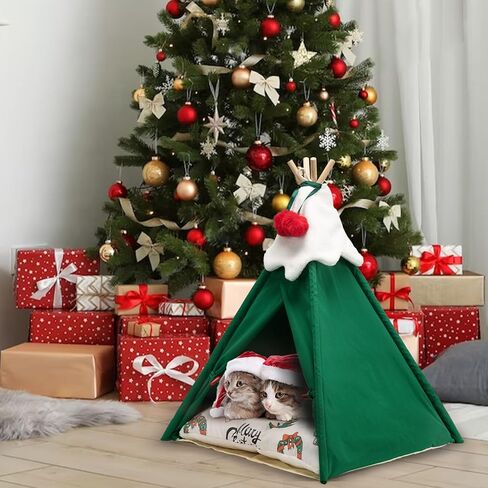 COPAW Pet Teepee، خيام الحيوانات الأليفة المحمولة مقاس 24 بوصة للكلاب الصغيرة أو القطط سرير دافئ لطيف، منازل داخلية للكلاب أو القطط قابلة للغسل مع وسادة هدايا عيد الميلاد للجرو in Kuwait