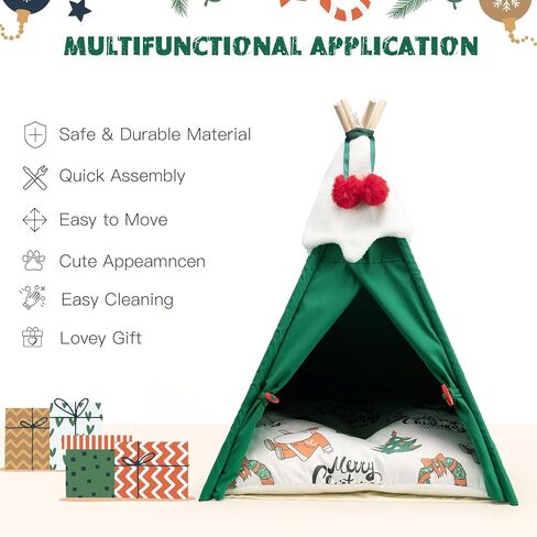 COPAW Pet Teepee، خيام الحيوانات الأليفة المحمولة مقاس 24 بوصة للكلاب الصغيرة أو القطط سرير دافئ لطيف، منازل داخلية للكلاب أو القطط قابلة للغسل مع وسادة هدايا عيد الميلاد للجرو in Kuwait