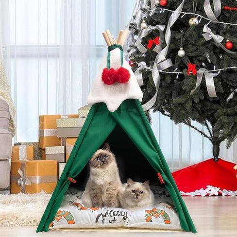 COPAW Pet Teepee، خيام الحيوانات الأليفة المحمولة مقاس 24 بوصة للكلاب الصغيرة أو القطط سرير دافئ لطيف، منازل داخلية للكلاب أو القطط قابلة للغسل مع وسادة هدايا عيد الميلاد للجرو in Kuwait