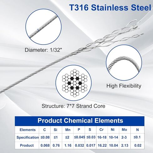 316 Stainless Steel Cable, 400FT 1/32IN Wire Rope with 100Pcs Aluminum Sleeves Stops, for String Lights Hanging, Clotheslines, Trellis Wire in Saudi Arabia