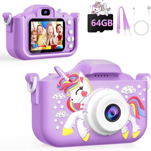 Kids Camera, Digital Camera for Girls with 64G SD Card, 48 MP HD 1080P IPS Screen Dual Selfie Digital Toddler Video Camera Toy for Kids, Great Christmas Birthday Gift for Boys and Girls in Saudi Arabia