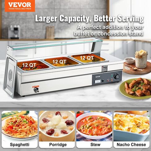 سخان طعام تجاري VEVOR 10 مقلاة، طاولة بخار كهربائية 10 × 12QT مع غطاء زجاجي مقسى، بوفيه من الفولاذ المقاوم للصدأ 1800 وات، بوفيه باين ماري 86-185 درجة فهرنهايت للتحكم في درجة الحرارة لتقديم الطعام، المطعم، فضي in Saudi Arabia