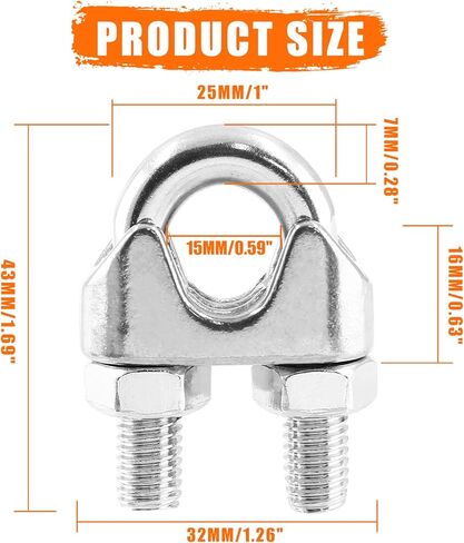 Kyuionty M8 5/16 Inch Stainless Steel Wire Rope Cable Clip Clamp, Wire Rope Clamp U Bolt Saddle Fastener, Pack of 8 in Saudi Arabia