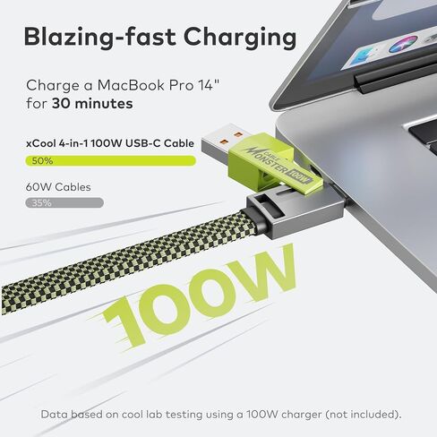 كابل XCOOL USB C، كابل USB-C 4 في 1 (3 أقدام)، كابل 100 واط C إلى C شحن سريع مع مشبك وحلقة وإدارة الكابلات، كابل شحن عالمي لأجهزة MacBook وiPad وiPhone وSamsung، أخضر in Saudi Arabia