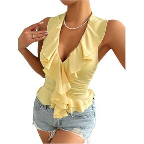 SOLY HUX Women's Ruffle Trim Deep V Halter Top Y2k Going Out Sleeveless Slim Fit Tank Shirts in Saudi Arabia