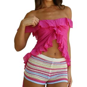 Women Y2K Off Shoulder Top Ruffled Frill Trim Irregular Hem Crop Tank Top Summer Going Out Vest Coquette Streetwear in Saudi Arabia