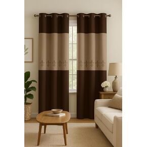 2 Pieces Curtain Set Beige Brown Taupe Luxury Embroidery Panels Grommets Drapes-Elizabeth in Saudi Arabia