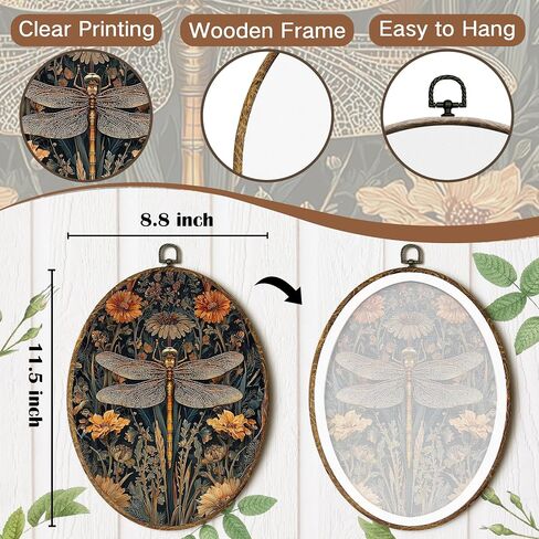 FSTCSV Vintage Dragonfly Floral Oval Wall Art Framed, Cottage Core Dragonfly Canvas Prints Wall Hanging Art, Vintage Retro Rustic Botanical Oval Walls Decor for Living Room Home Bedroom, 8.8x11.5in in Saudi Arabia