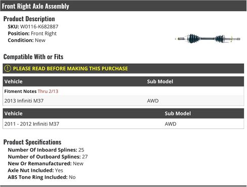 Front Right Passenger Side CV Axle Assembly - Compatible with 2011-2013 Infiniti M37 AWD (Up To 2/2013) in Saudi Arabia