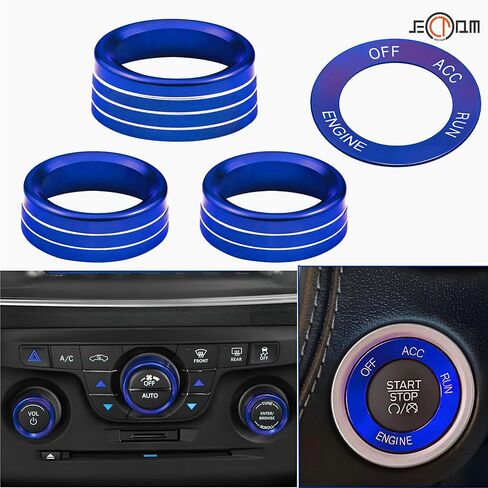 Air Conditioner Switch Button Knob Cover, Car Interior Accessories Radio Volume Control Knob, Aluminum Alloy Trim Rings Compatible with Dodge Challenger Durango 2015-2022 (Blue) in Kuwait