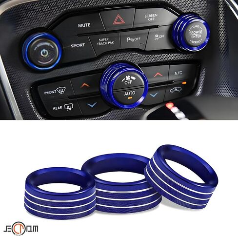 Air Conditioner Switch Button Knob Cover, Car Interior Accessories Radio Volume Control Knob, Aluminum Alloy Trim Rings Compatible with Dodge Challenger Durango 2015-2022 (Blue) in Kuwait