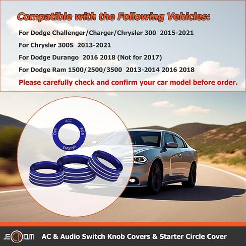 Air Conditioner Switch Button Knob Cover, Car Interior Accessories Radio Volume Control Knob, Aluminum Alloy Trim Rings Compatible with Dodge Challenger Durango 2015-2022 (Blue) in Kuwait
