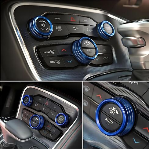 Air Conditioner Switch Button Knob Cover, Car Interior Accessories Radio Volume Control Knob, Aluminum Alloy Trim Rings Compatible with Dodge Challenger Durango 2015-2022 (Blue) in Kuwait
