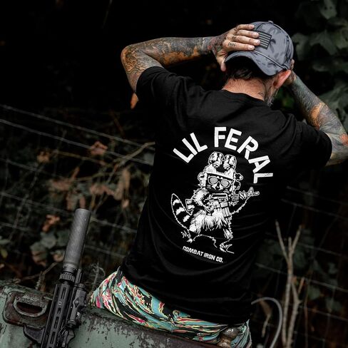 تي شيرت برسوم جرافيك للرجال من Combat Iron - Lil Feral Raccoon - مقاس رياضي مزيج من القطن والبوليستر المنكمش مسبقًا in Kuwait