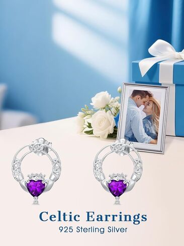 Seiyang سلتيك Claddagh حلق 925 الفضة الاسترليني Claddagh هوب وأقراط مسمار مع 12 شهرًا جوهرة الميلاد سلتيك الأيرلندية محظوظ مجوهرات هدايا للنساء in Saudi Arabia