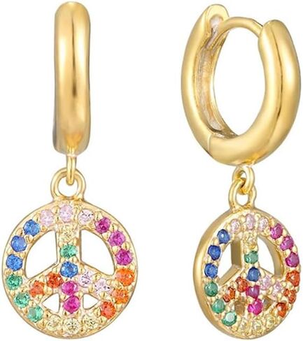 Cute Peace Sign Colorful CZ Huggie Small Hoop Earrings Dangle Drop for Women Sterling Silver Post 14K Gold Filled Simple Rainbow Crystal Charm Hoops Hypoallergenic Fashion Jewelry in Saudi Arabia