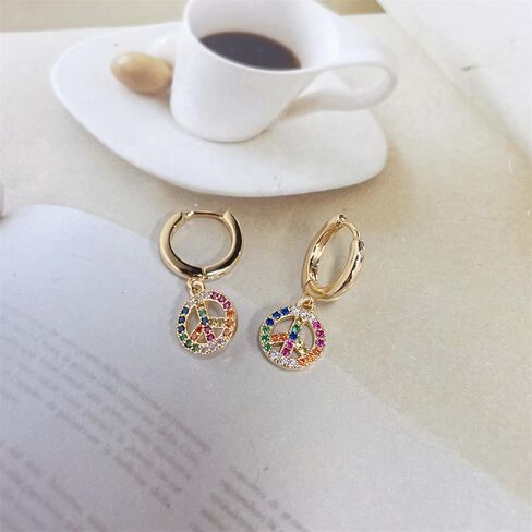 Cute Peace Sign Colorful CZ Huggie Small Hoop Earrings Dangle Drop for Women Sterling Silver Post 14K Gold Filled Simple Rainbow Crystal Charm Hoops Hypoallergenic Fashion Jewelry in Saudi Arabia