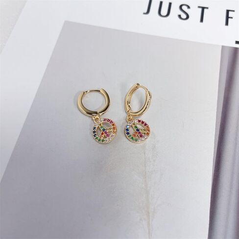 Cute Peace Sign Colorful CZ Huggie Small Hoop Earrings Dangle Drop for Women Sterling Silver Post 14K Gold Filled Simple Rainbow Crystal Charm Hoops Hypoallergenic Fashion Jewelry in Saudi Arabia