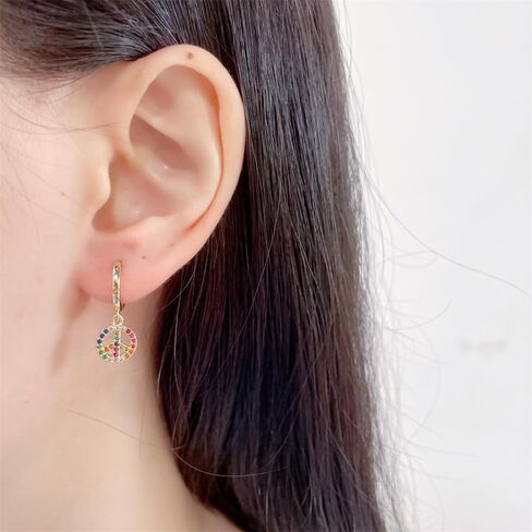 Cute Peace Sign Colorful CZ Huggie Small Hoop Earrings Dangle Drop for Women Sterling Silver Post 14K Gold Filled Simple Rainbow Crystal Charm Hoops Hypoallergenic Fashion Jewelry in Saudi Arabia