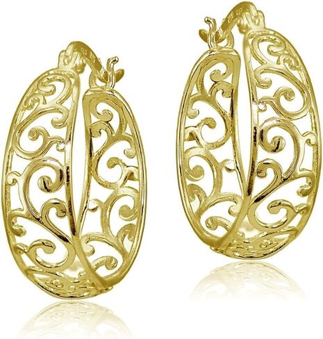 Hoops & Loops Sterling Silver Oval 24mm Filigree Hoop Earrings for Women, Silver, Yellow & Rose Gold in Saudi Arabia