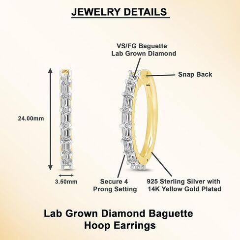 Dewberry 14k White or Yellow Gold Plated 925 Sterling Silver Hoop Earrings For Women | 1CT-2CT Lab Grown Baguette Or Princess Cut Diamond Hypoallergenic Hoop Earrings (Clarity: VS, Color: FG) in Saudi Arabia