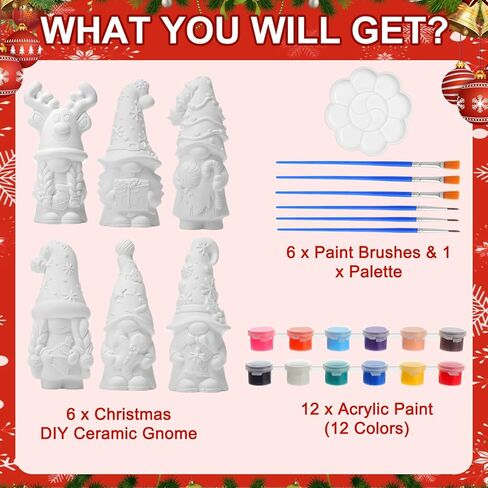 WinnerWhy 6 Pcs Halloween Ceramics to Paint Ready to Paint Your Own Gnome Statues 5.12" Paintable Santa Snowman Reindeer Figurines DIY Unpainted Ceramics Plaster Crafts Kit with Brush Palette Paint in Kuwait