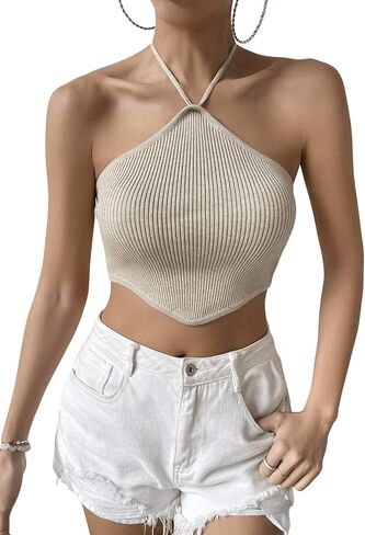 SweatyRocks Women's Sleeveless Tie Back Asymmetrical Hem Knitted Halter Cami Crop Top in Saudi Arabia